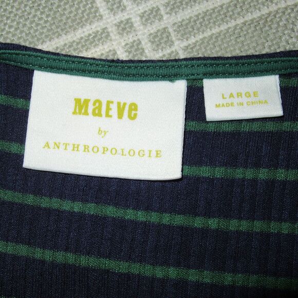 Anthropologie Maeve Flores Green Blue Ribbed Striped V neck Midi Dress Large - Picture 6 of 7